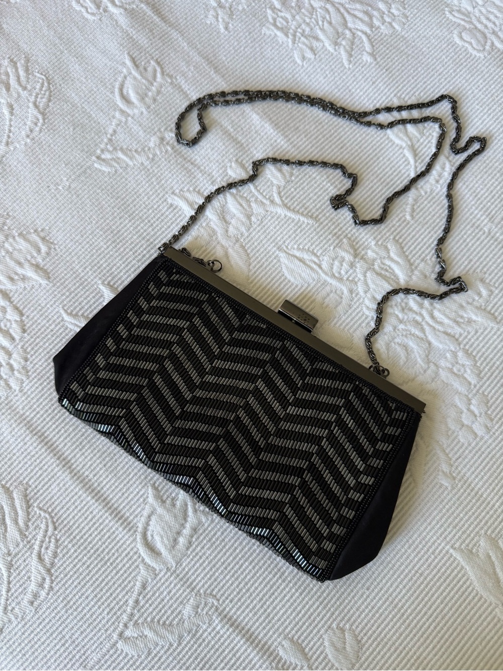 Hillard & Hanson Black Beaded Chevron Evening Clutch with Chain